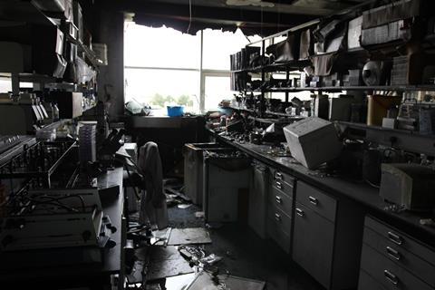 A picture showing the ruined lab in the St Andrews fire aftermath